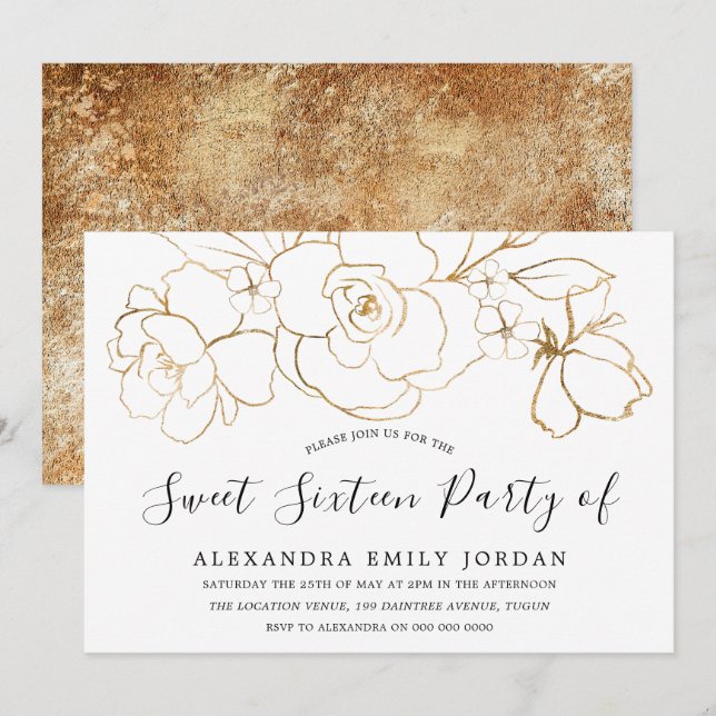 Elegant White & Gold Floral Modern Sweet 16 Party Invitation (Front/Back)
