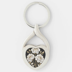 Elegant White & Gold Floral Rose heart key– Luxury Keychain