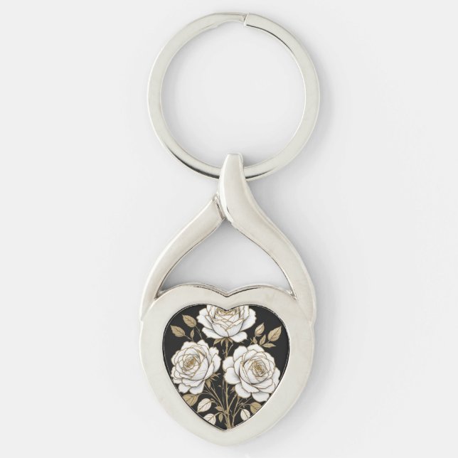 Elegant White & Gold Floral Rose heart key– Luxury Keychain (Front)