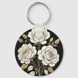 Elegant White & Gold Floral Rose Keychain – Luxury