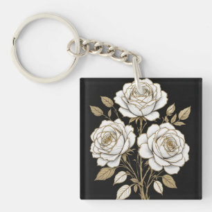 Elegant White & Gold Floral Rose Keychain – Luxury