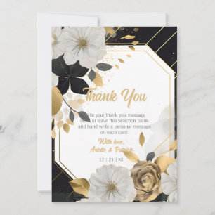 Elegant White Gold Floral Wedding Black Frame  Thank You Card