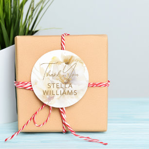 Elegant White Gold Flowers Thank You Classic Round Sticker