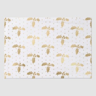 Elegant White & Gold Foil Christmas Holly Pattern Tissue Paper