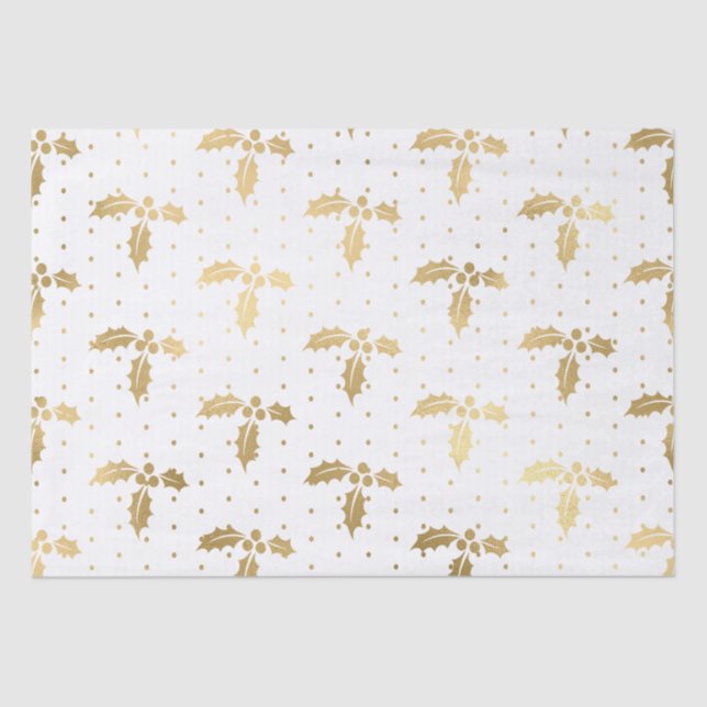 Elegant White & Gold Foil Christmas Holly Pattern Tissue Paper (Front)
