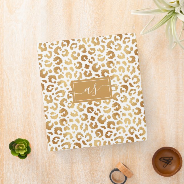 Elegant White Gold Foil Leopard Print Monogrammed Binder (In Situ)