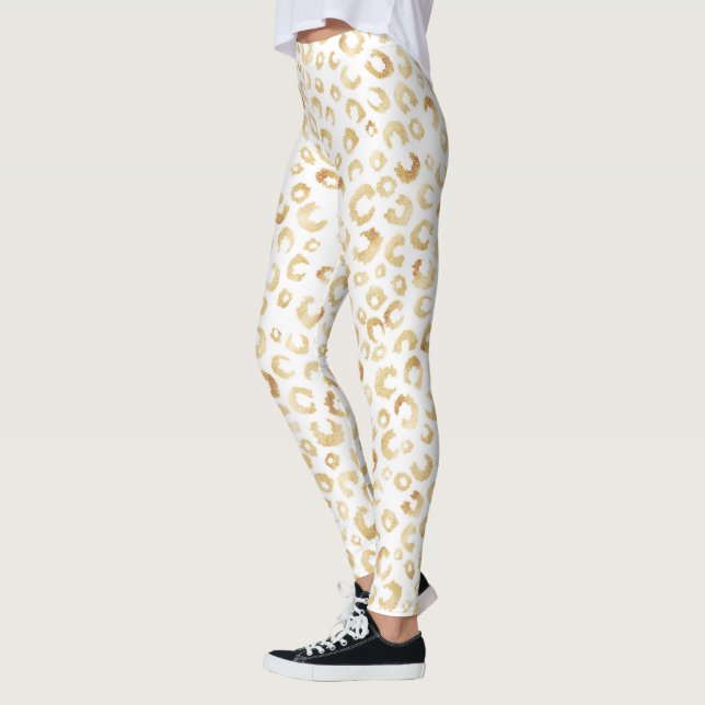 Elegant White Gold Glitter Leopard Animal Print Leggings (Left)