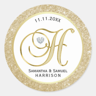 Elegant White Gold Glitter Monogram Letter 'H' Classic Round Sticker