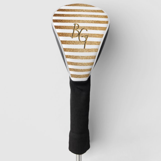 Elegant White Gold Glitter Stripe Monogram Golf Head Cover (Front)