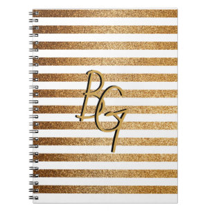 Elegant White Gold Glitter Stripe Monogram Notebook