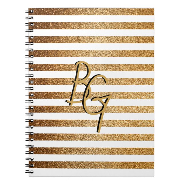 Elegant White Gold Glitter Stripe Monogram Notebook (Front)