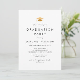 Elegant White Gold Grad Cap Chic Graduation Party Invitation