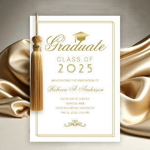 Elegant White Gold Grad Cap College Graduation Announcement