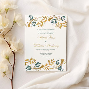 Elegant white gold grayish cyan foliage Wedding Invitation
