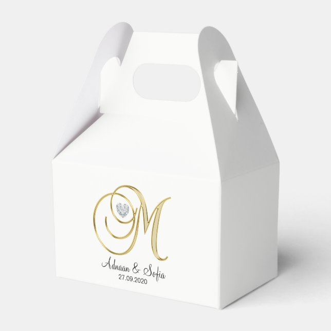 Elegant White Gold Heart Monogram M Wedding Gift Favor Box (Front Side)