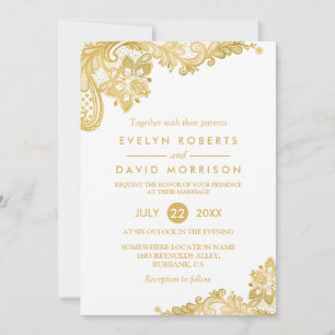 Elegant White Gold Lace Pattern Formal Wedding Invitation
