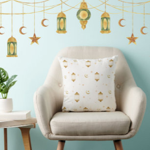 Elegant White Gold Lanterns Islamic Eid/Ramadan Throw Pillow