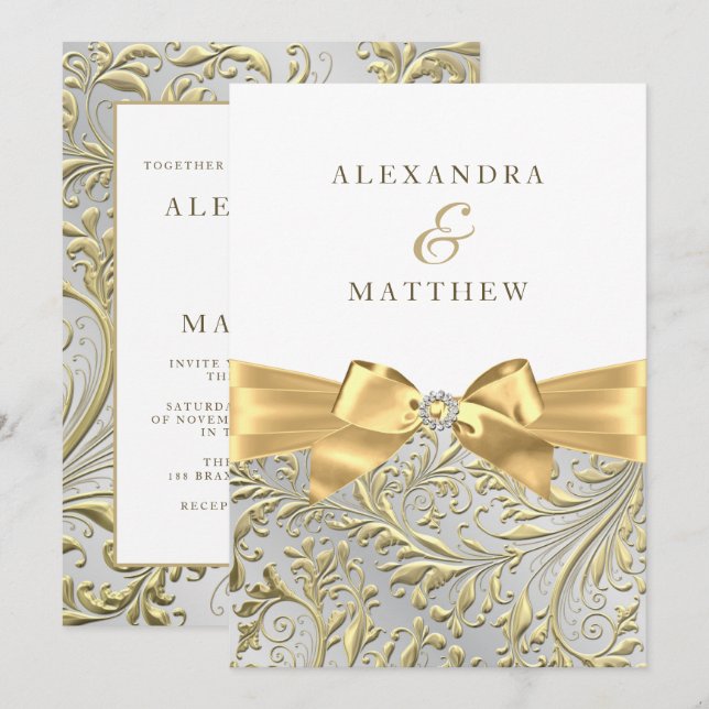 Elegant White & Gold Leaf Bow Wedding Invitation (Front/Back)