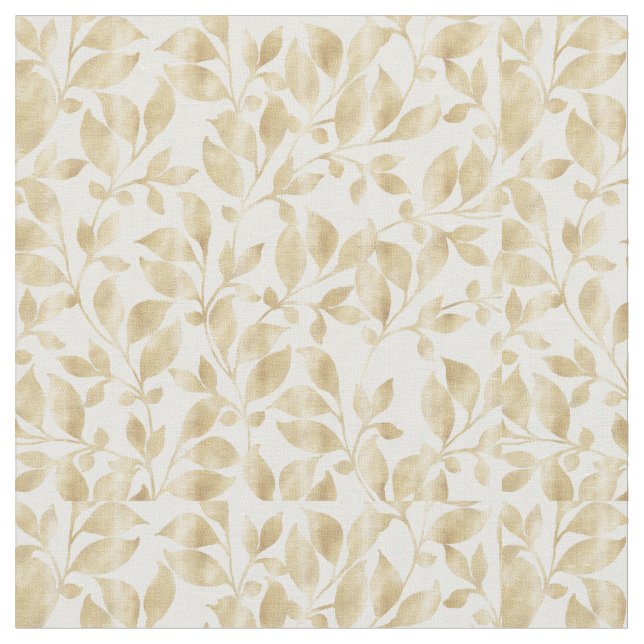 Elegant White Gold Leaves Greenery Botanical Fabric (Close Up)