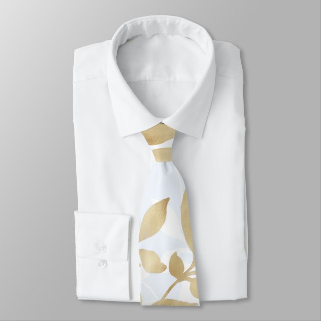 Elegant White Gold Leaves Greenery Botanical Tie (Tied)
