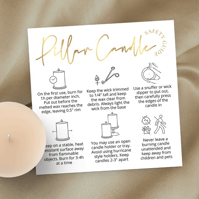 Elegant White & Gold Logo Pillar Candle Care Card (Elegant white and gold pillar candle care cards with icons and space for your logo)