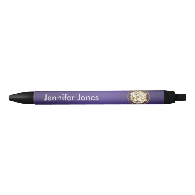 Elegant White & Gold Lotus flower Black Ink Pen (Front)