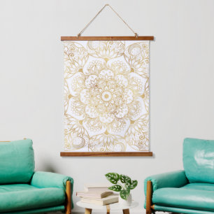 Elegant White Gold Mandala Floral Hanging Tapestry