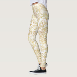 Elegant White Gold Mandala Floral Leggings