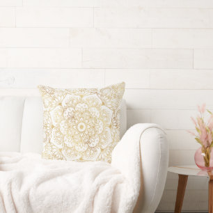 Elegant White Gold Mandala Floral Throw Pillow