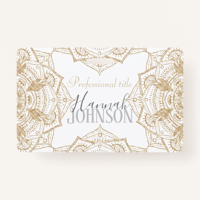 Elegant White & Gold Mandala Hand Drawn Design Badge (Front)