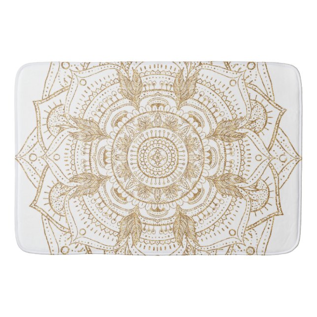 Elegant White & Gold Mandala Hand Drawn Design Bath Mat (Front)