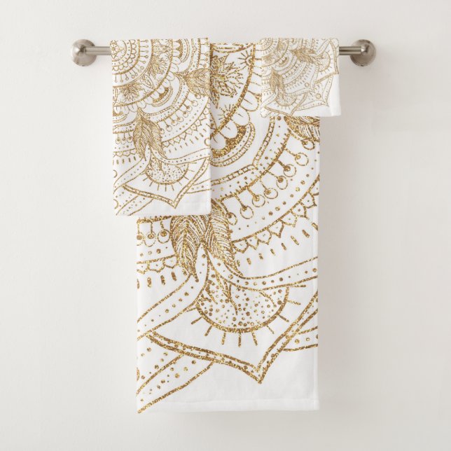Elegant White & Gold Mandala Hand Drawn Design Bath Towel Set (Insitu)