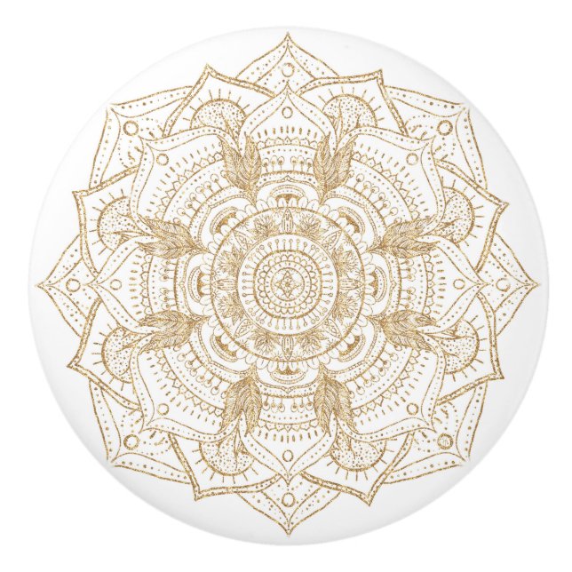 Elegant White & Gold Mandala Hand Drawn Design Ceramic Knob (Front)