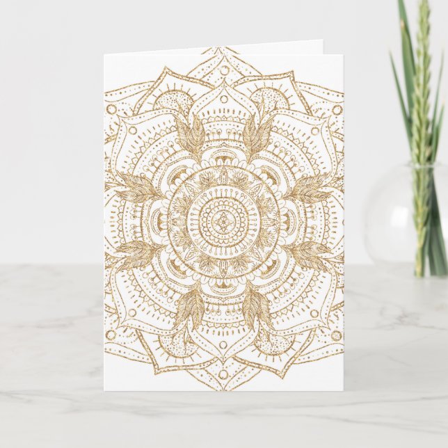 Elegant White & Gold Mandala Hand Drawn Design Holiday Card (Front)