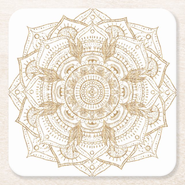 Elegant White & Gold Mandala Hand Drawn Design Square Paper Coaster (Front)