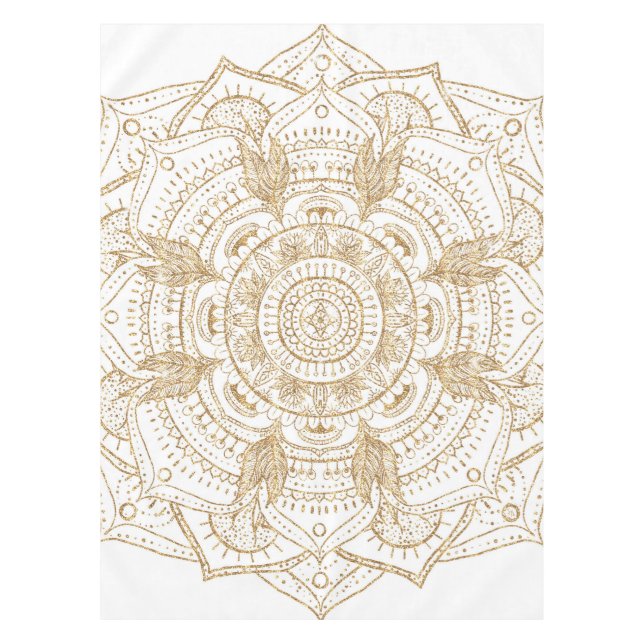 Elegant White & Gold Mandala Hand Drawn Design Tablecloth (Front)