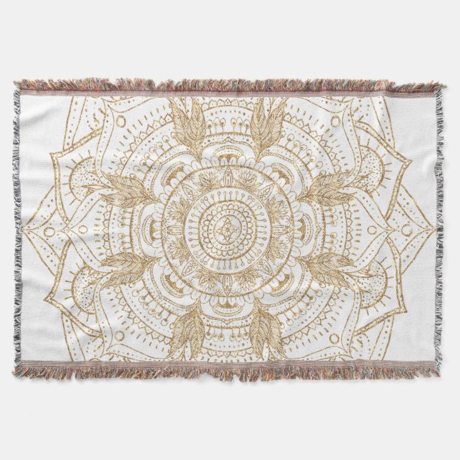 Elegant White & Gold Mandala Hand Drawn Design Throw Blanket (Front)