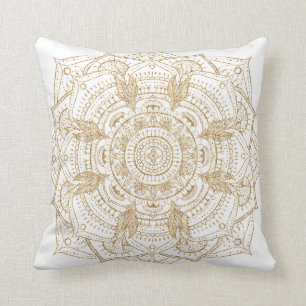 Elegant White & Gold Mandala Hand Drawn Design Throw Pillow