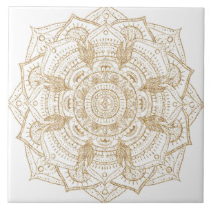 Elegant White & Gold Mandala Hand Drawn Design Tile