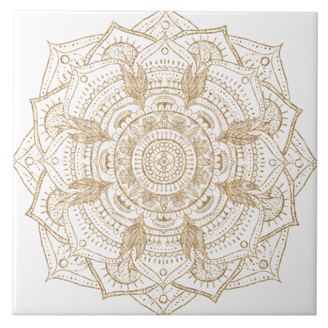 Elegant White & Gold Mandala Hand Drawn Design Tile (Front)