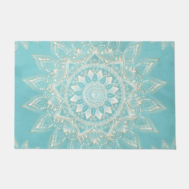 Elegant White Gold Mandala Sky Blue Design Doormat (Front)