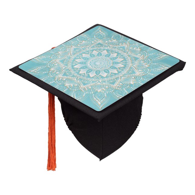 Elegant White Gold Mandala Sky Blue Design Graduation Cap Topper (Angled)