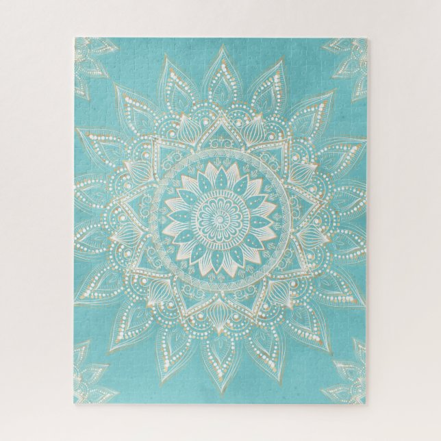 Elegant White Gold Mandala Sky Blue Design Jigsaw Puzzle (Vertical)