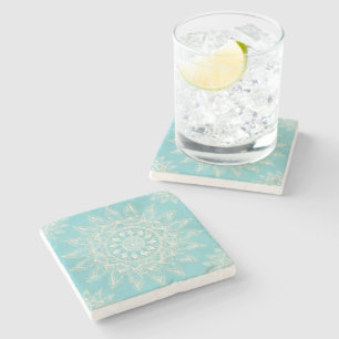 Elegant White Gold Mandala Sky Blue Design Stone Coaster