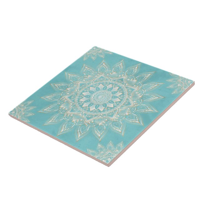 Elegant White Gold Mandala Sky Blue Design Tile (Side)