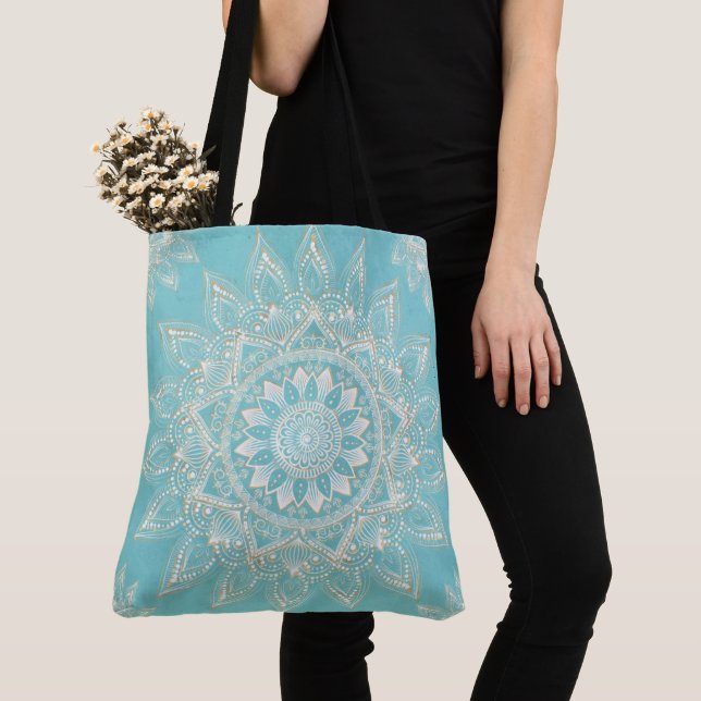 Elegant White Gold Mandala Sky Blue Design Tote Bag (Close Up)