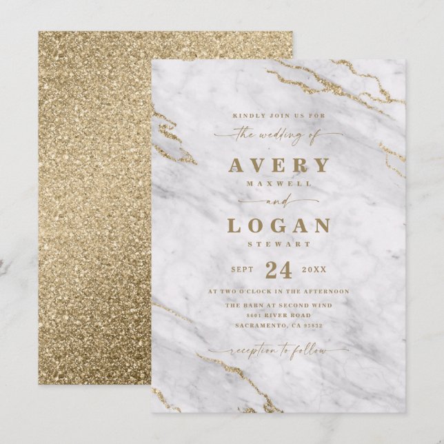 Elegant White & Gold Marble & Glitter Wedding Invi Invitation (Front/Back)