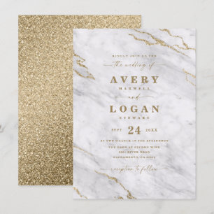 Elegant White & Gold Marble & Glitter Wedding Invi Invitation