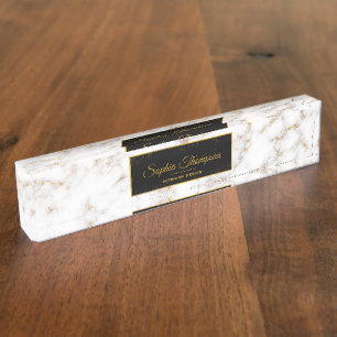 Elegant White Gold Marble Name - Desk Nameplate