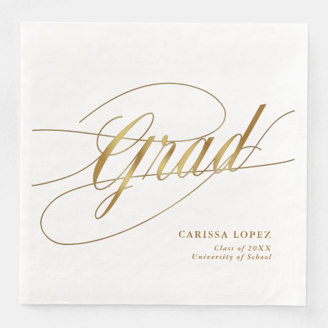 Elegant White & Gold Minimalist Grad Calligraphy Napkin (Front)